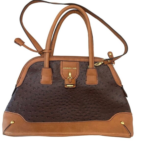 London Fog Brown & Tan Vegan Ostrich Leather Satchel Handbag With Shoulder - Picture 2 of 14